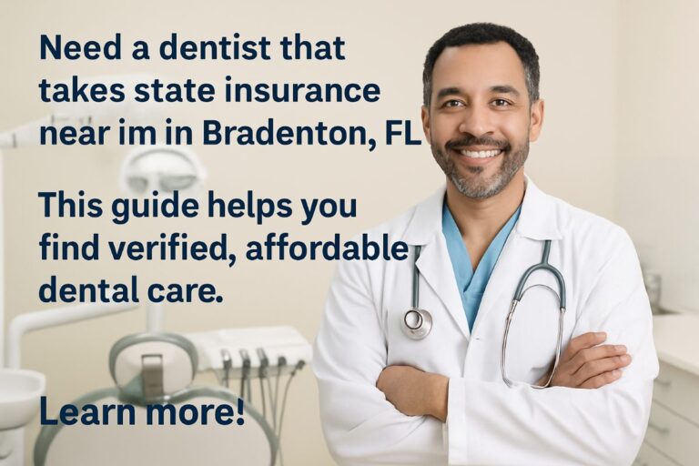 A friendly dentist smiling and shaking hands with a patient in the office, next to the receptionist. No text on image.