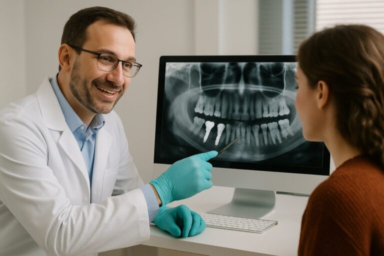 A dentist is explaining the process of dental implants to a patient while pointing to a digital scan of their mouth. The image focuses on the dentist and the screen with a friendly, reassuring atmosphere. No text on image.