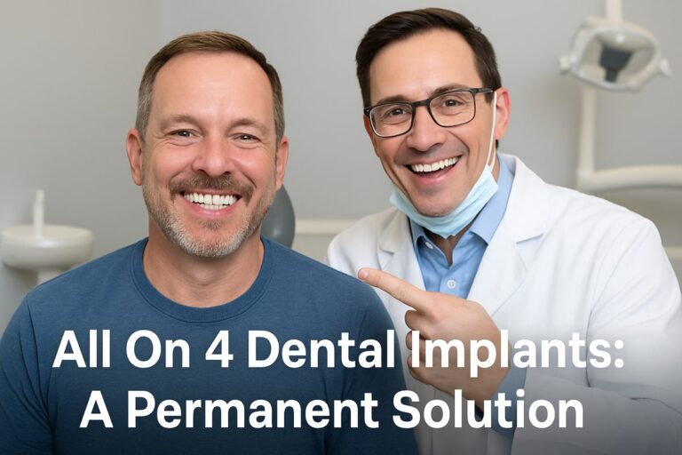 Image of a dentist smiling and pointing to a full set of permanent teeth on a patient after all on 4 dental implant surgery. The patient is also smiling. Text on image says "All On 4 Dental Implants: A Permanent Solution"