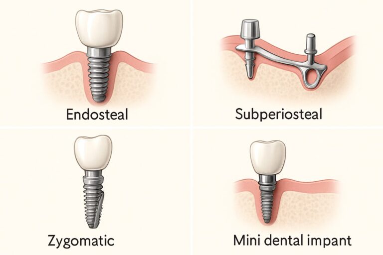 A collage of different types of dental implants, including endosteal, subperiosteal, zygomatic, and mini dental implants, each labeled clearly with a brief description. No text on image.