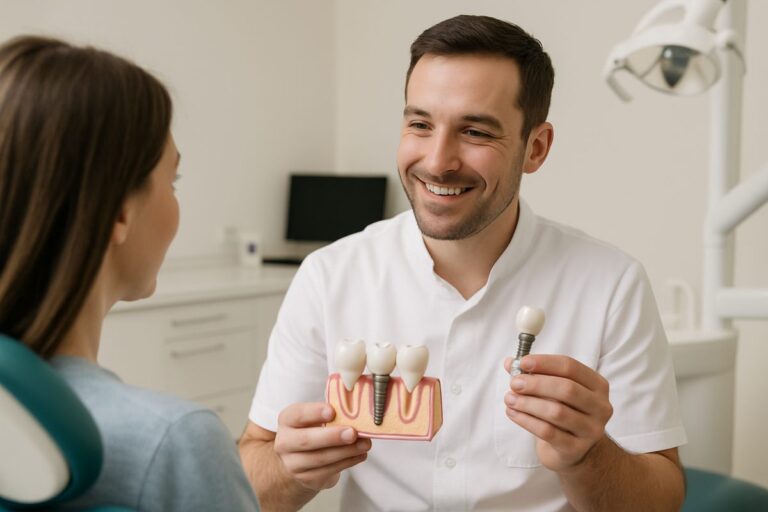 Image of a dentist smiling and consulting with a patient about dental implants. No text on the image.