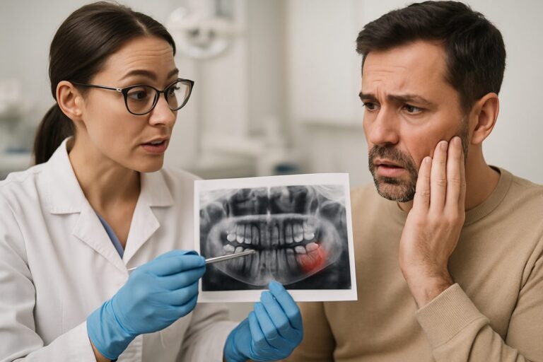 Image of a dentist pointing to inflamed gums on a dental x-ray, educating a concerned patient about gum disease treatment options. No text on the image.
