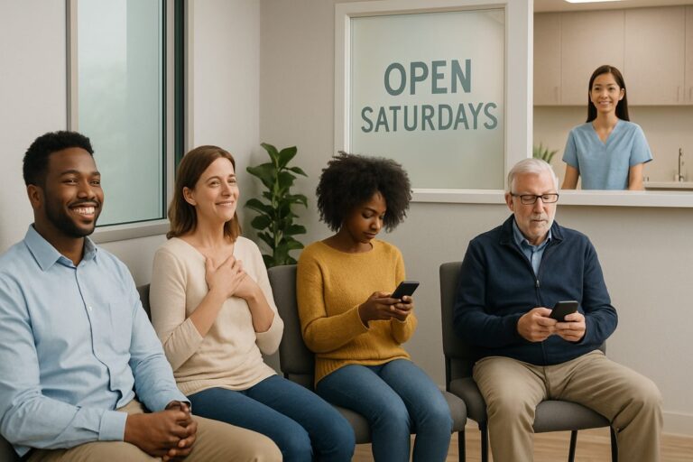 Image depicting a modern dental clinic waiting room with a diverse group of patients, some looking relieved and others on their phones. The clinic has a sign that says "Open Saturdays" in clear, friendly lettering. The overall tone is welcoming and efficient.