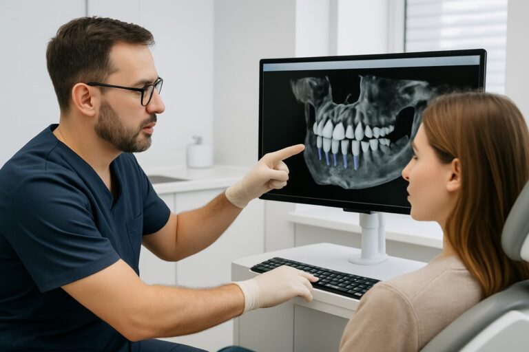 A dentist is consulting with a patient, using 3D imaging to plan the placement of dental implants. The office is modern and clean, and the dentist is pointing to a screen showing a detailed scan of the patient's jaw. No text on the image.