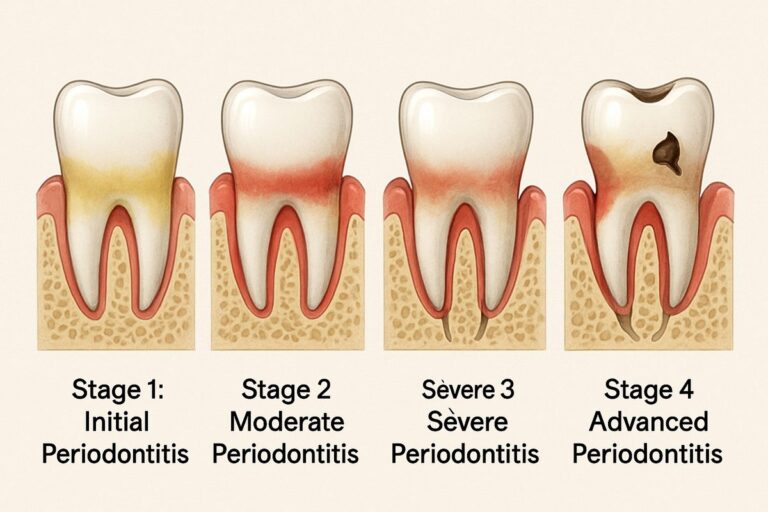 A visual depiction showcasing the 4 stages of periodontitis, from mild gingivitis to advanced periodontitis with bone loss and tooth decay. Each stage should be clearly labeled with a short description of its characteristics, "Stage 1: Initial Periodontitis", "Stage 2: Moderate Periodontitis", "Stage 3: Severe Periodontitis", and "Stage 4: Advanced Periodontitis". No other text on image.