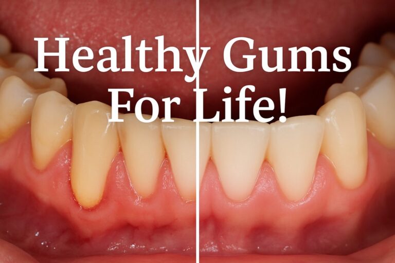 A split image. The left side showing unhealthy gums, and the right side showing healthy gums after treatment from one of the best periodontists. Text on the image says "Healthy Gums For Life!"