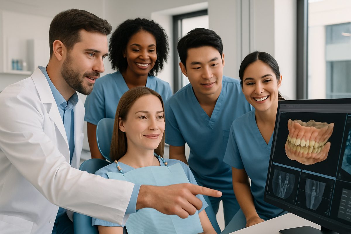 A diverse team of dental professionals are gathered around a patient, reviewing 3D scans and treatment plans in a modern office setting. No text on the image.
