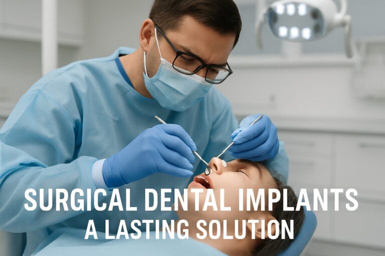 A dentist is carefully placing a surgical dental implant into a patient's jaw, using advanced surgical techniques in a modern dental office. The text on the image says "Surgical Dental Implants: A Lasting Solution".
