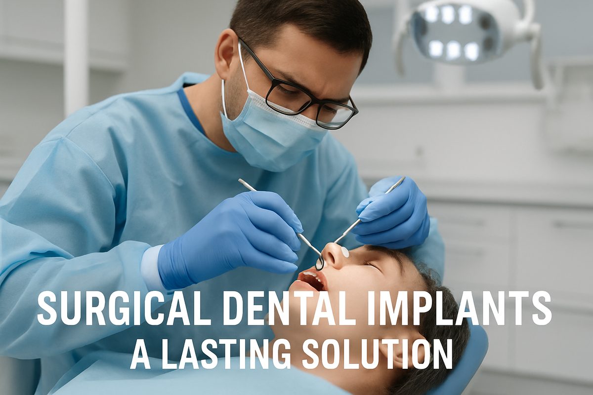 A dentist is carefully placing a surgical dental implant into a patient's jaw, using advanced surgical techniques in a modern dental office. The text on the image says "Surgical Dental Implants: A Lasting Solution".