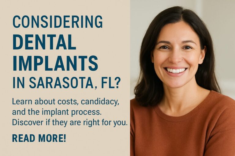 Image of a dentist in Sarasota, FL, smiling and pointing to a set of dental implants on a 3D model, with a sunny beach scene visible through the window. No text on the image.