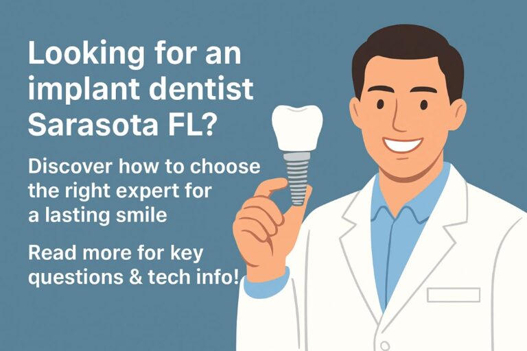Close up image of an implant dentist in Sarasota FL consulting with a patient, using 3D imaging software to plan the placement of dental implants. No text on the image.