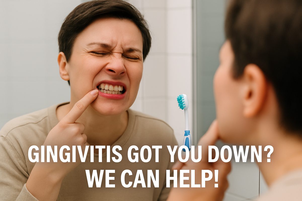 Photo of a person grimacing and pointing to their inflamed gums in the mirror, with a toothbrush in the other hand. Text on the image says "Gingivitis Got You Down? We Can Help!"