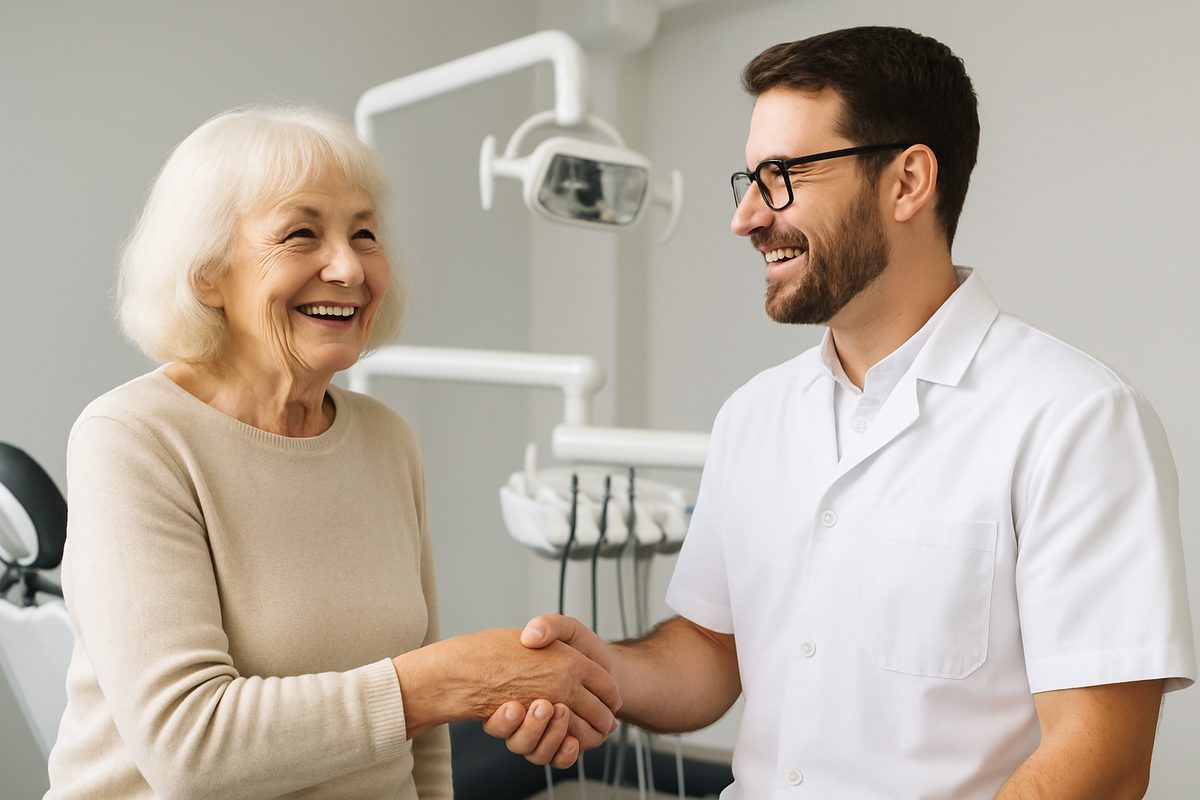 Smiling senior woman shaking hands with a dentist in a modern dental clinic, with dental equipment visible in the background. No text on image.