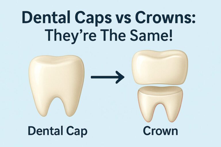 Image comparing a dental crown and a dental cap, visually demonstrating that they are the same thing, with an arrow pointing to both. Text on image says "Dental Caps VS Crowns: They're The Same!"