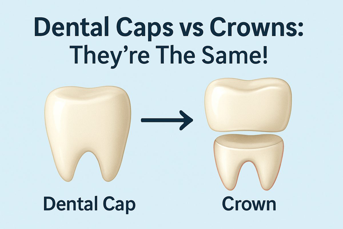 Image comparing a dental crown and a dental cap, visually demonstrating that they are the same thing, with an arrow pointing to both. Text on image says "Dental Caps VS Crowns: They're The Same!"