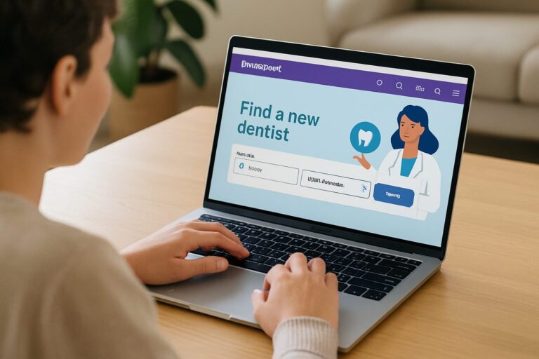 A person on their computer looking at the DentaQuest website, searching for a new dentist. The scene should convey ease and accessibility of finding a new dentist. No text on the image.