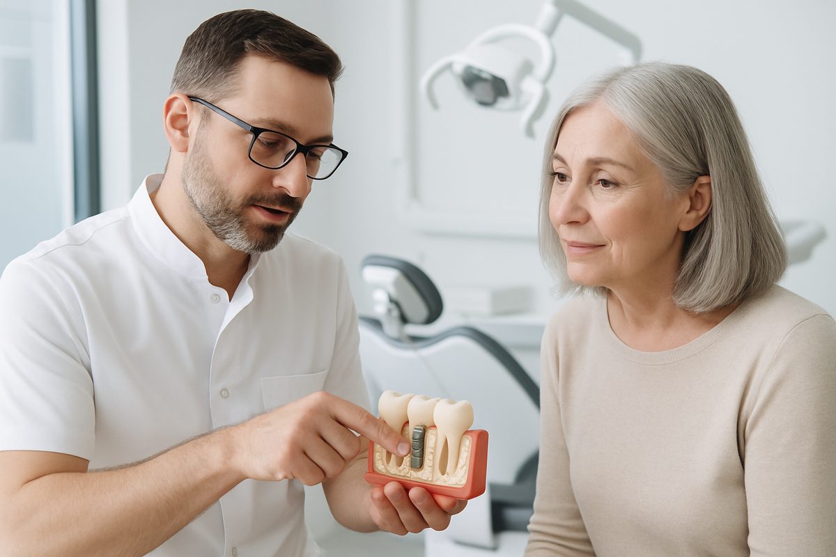 A dentist is explaining to a mature female patient what a dental implant is while pointing to a model of a jaw with an implant in place, in a bright and modern dental office. No text on the image.