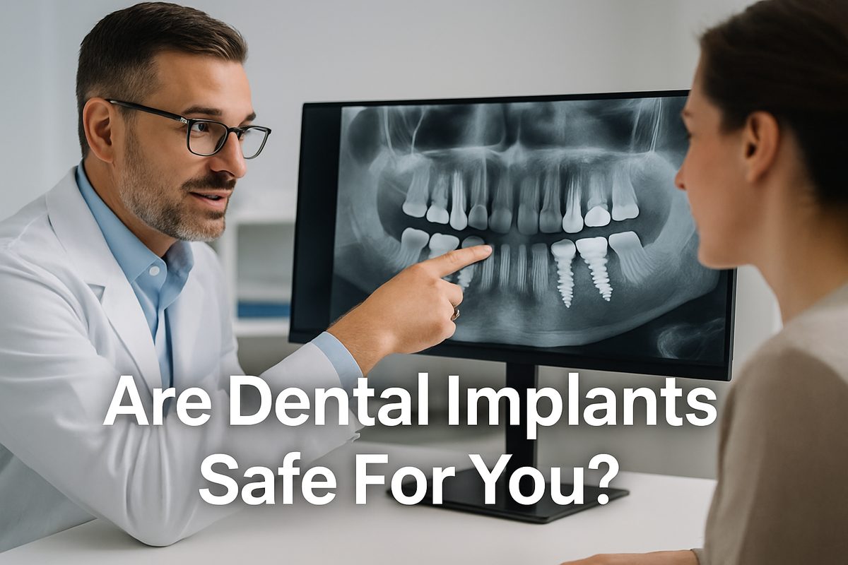 A dentist is consulting with a patient, pointing to a digital X-ray of dental implants on a screen. The text overlay reads "Are Dental Implants Safe For You?".