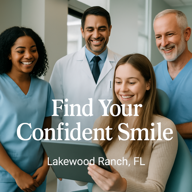 A friendly, diverse group of dental professionals smiling and consulting with a patient at a modern dental office in Lakewood Ranch, FL. The text on the image says "Find Your Confident Smile".