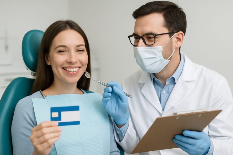 Smiling woman in a dentist's chair getting her teeth checked, with the dentist holding a chart, and the woman holding an insurance card. No text on image.