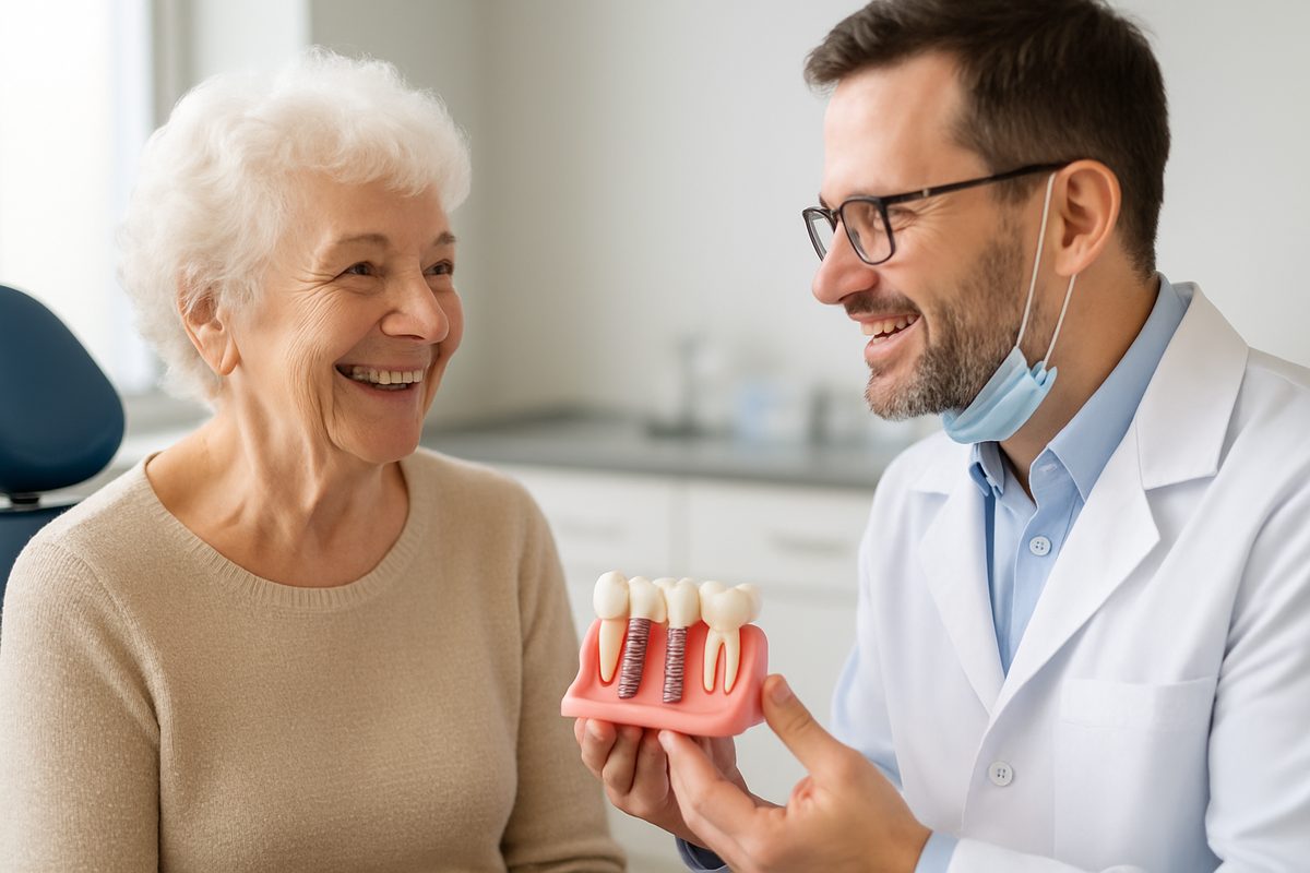 A smiling senior woman is talking with a dentist about the benefits of "dental implants sarasota fl". No text on the image.