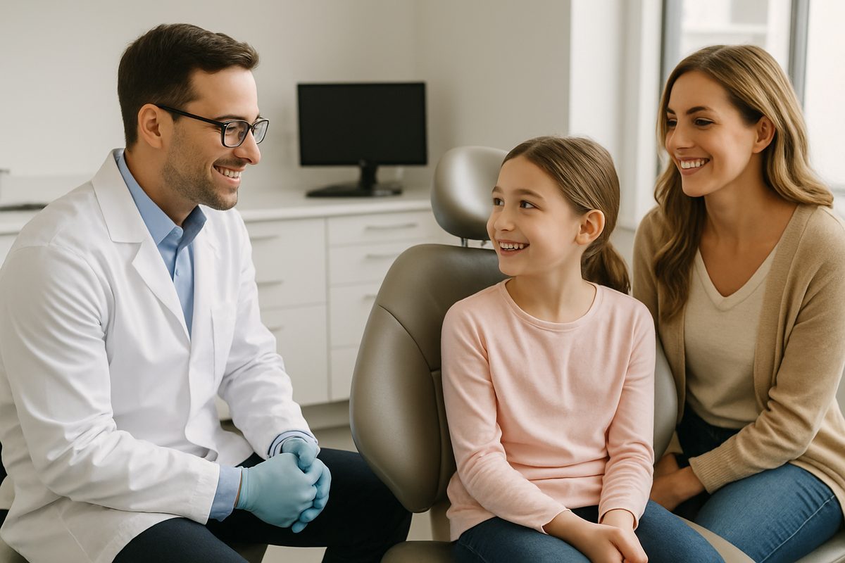 A friendly orthodontist is talking to a young patient and their mother in a modern office. No text on image.