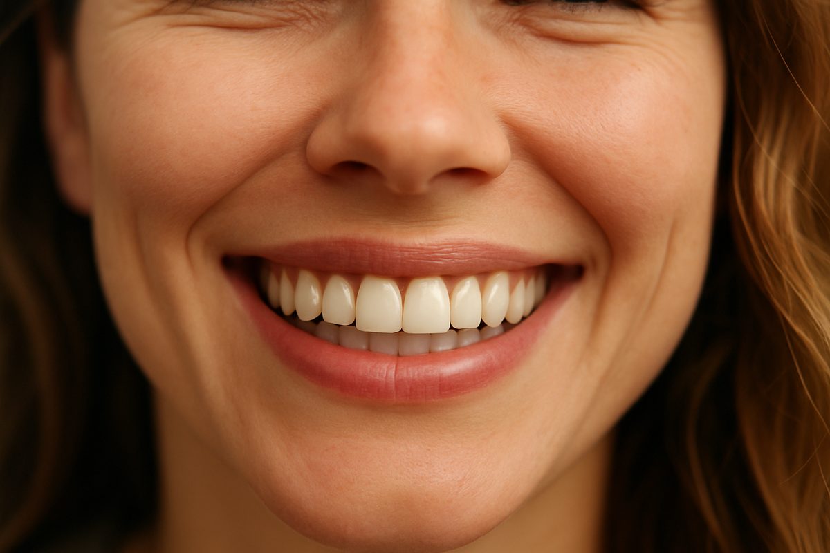 A close-up of a person smiling, highlighting a flawless front teeth implant that blends seamlessly with their natural teeth. No text on the image.