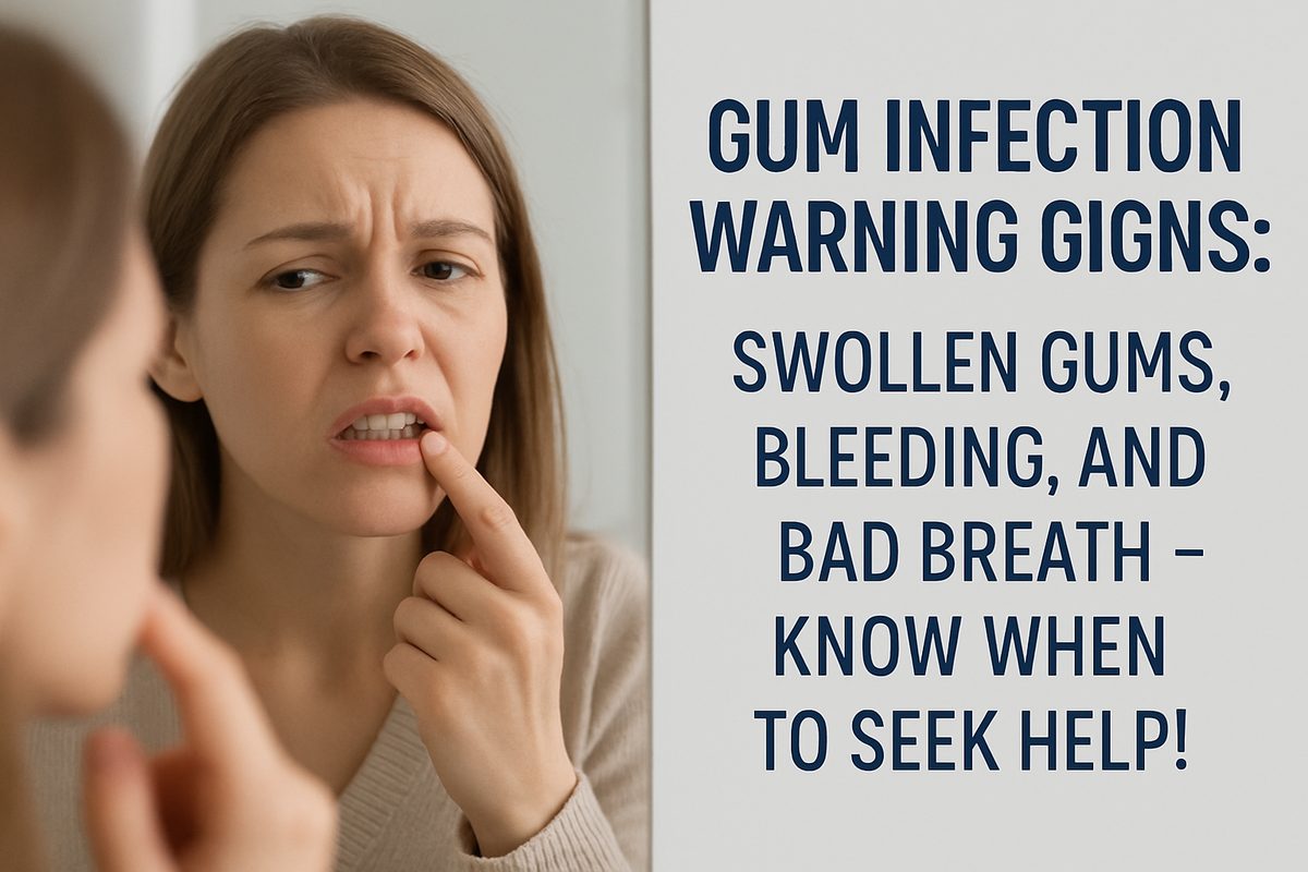 Photo of a concerned woman looking in the mirror, gently touching her swollen gums, alongside infographic text that reads: "Gum Infection Warning Signs: Swollen Gums, Bleeding, and Bad Breath - Know When to Seek Help!"