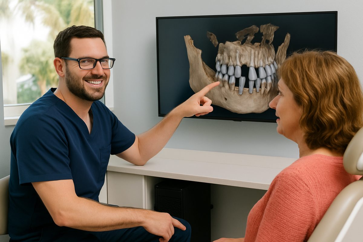 Image of a dentist in Sarasota, FL consulting with a patient about dental implant options, showcasing 3D imaging on a screen in the background. The dentist is pointing to the 3D scan on screen. No text on the image.