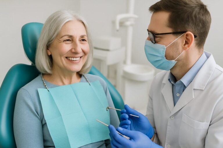 Photo of a smiling mature woman in a dental chair, consulting with a dentist. No text on the image.