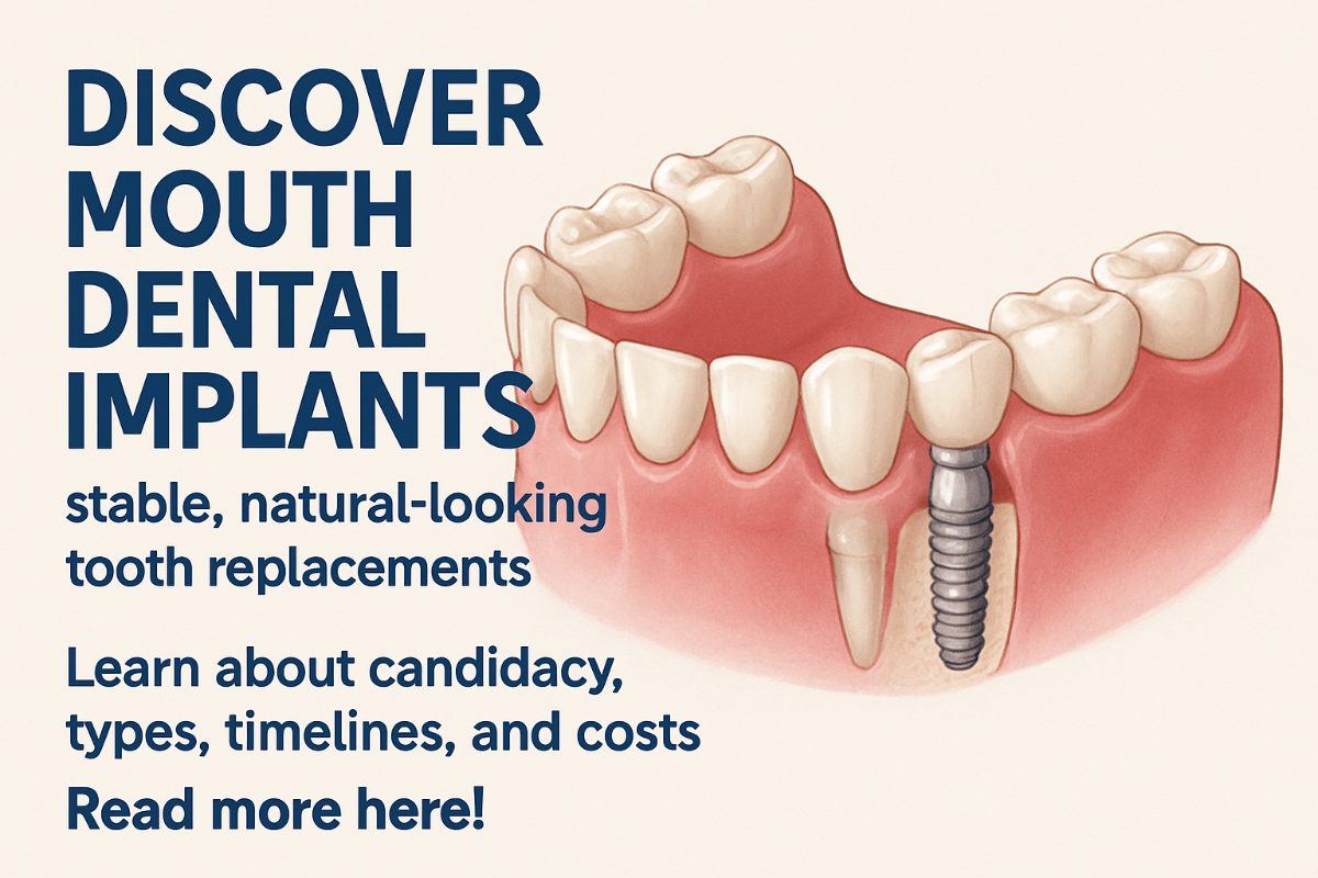 A close-up shot of mouth dental implants being placed in a patient's lower jaw. The implants are surrounded by healthy gum tissue. No text on the image.