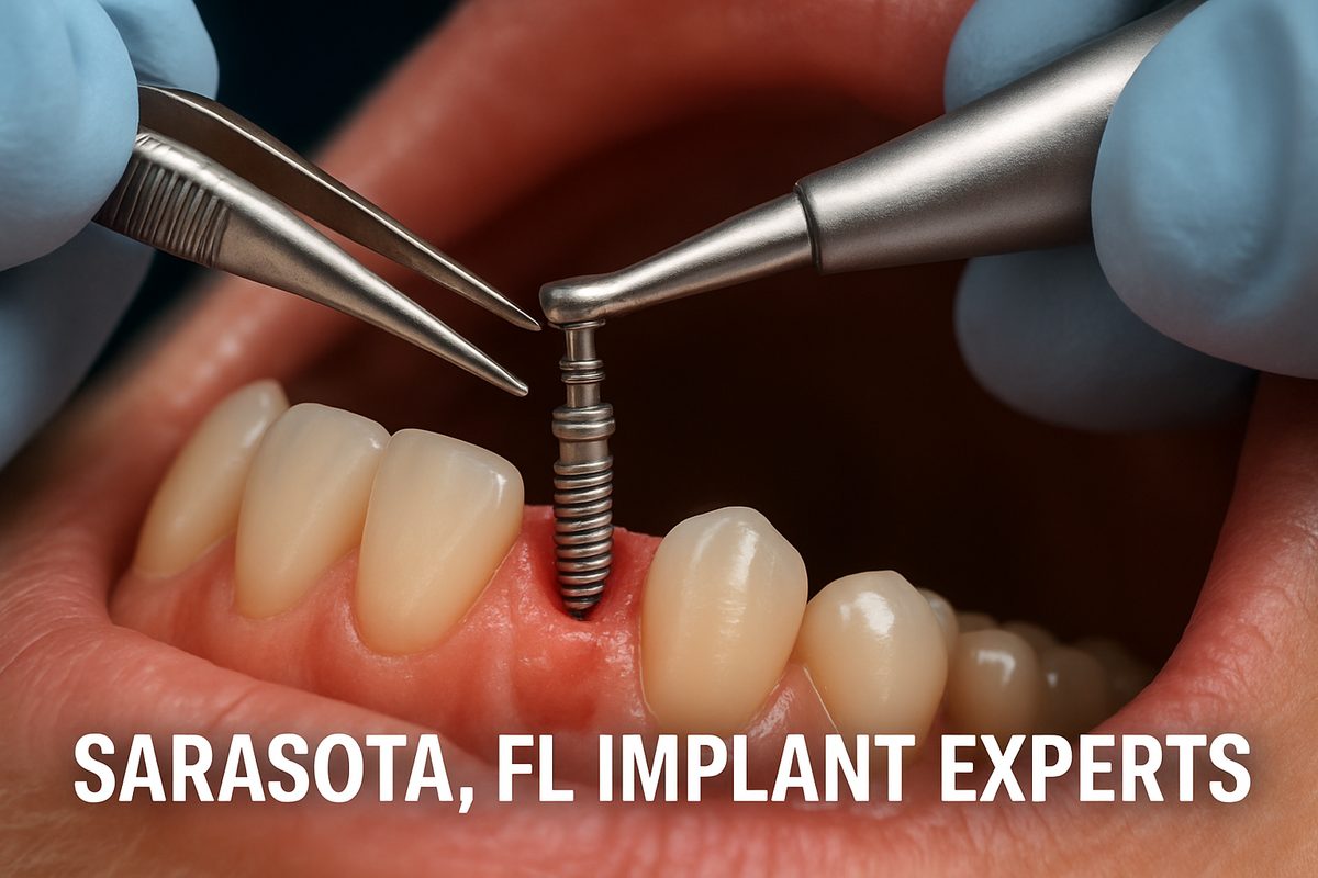 Close up of dental implant placement with a dentist using surgical tools, focusing on precision and care, with the text "Sarasota, FL Implant Experts".