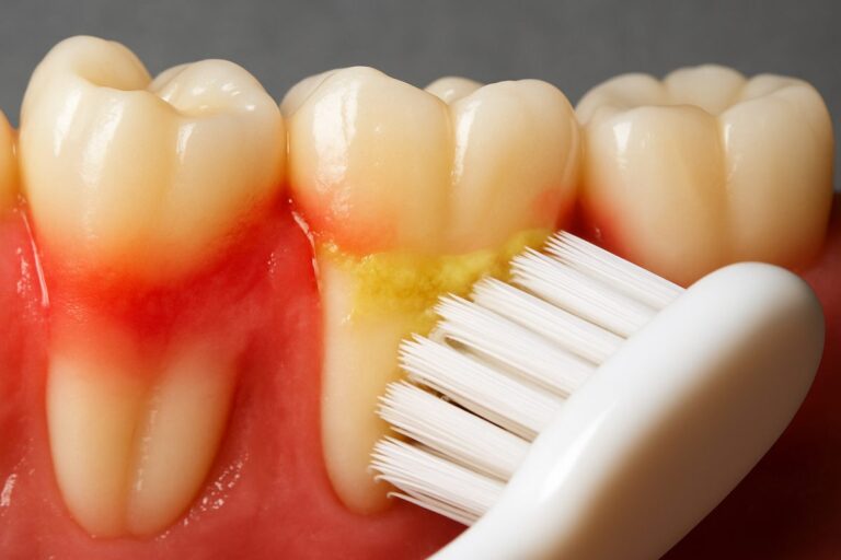 Photo of inflamed gums around teeth, with a toothbrush gently brushing away plaque to highlight the importance of oral hygiene in preventing gingivitis. No text on image.