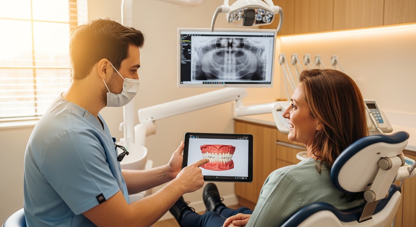 Dentist consulting with a patient in a modern dental office