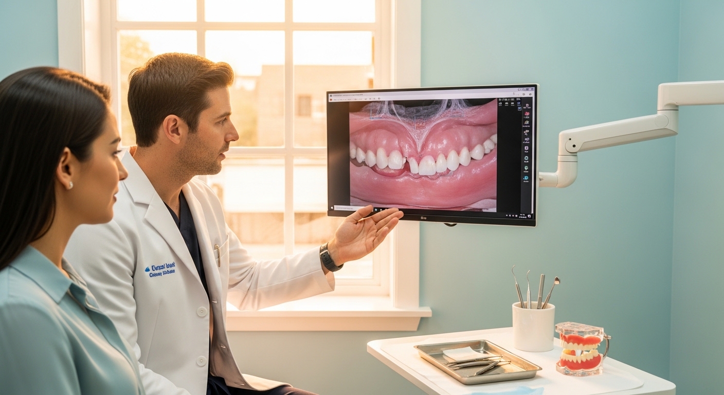 Dentist and patient discussing gum health care in a modern dental clinic