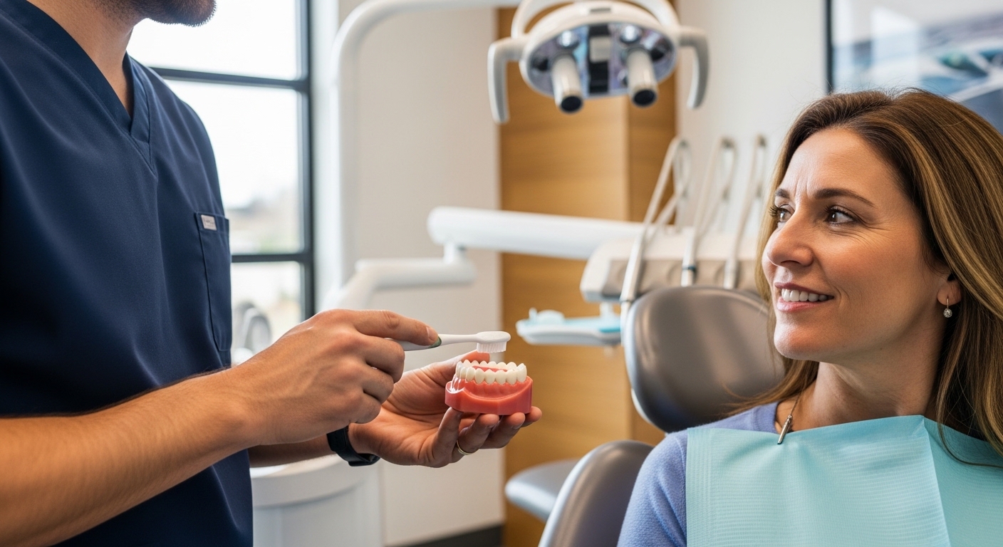 Dental professional consulting a patient in a modern dental office.
