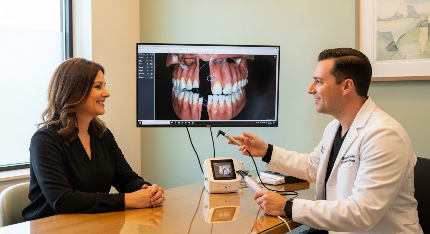 Patient consultation in a modern dental office with advanced technology