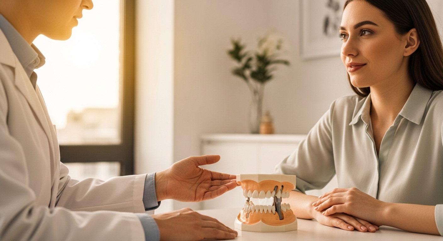 Dentist discussing dental implants with a patient in a modern office
