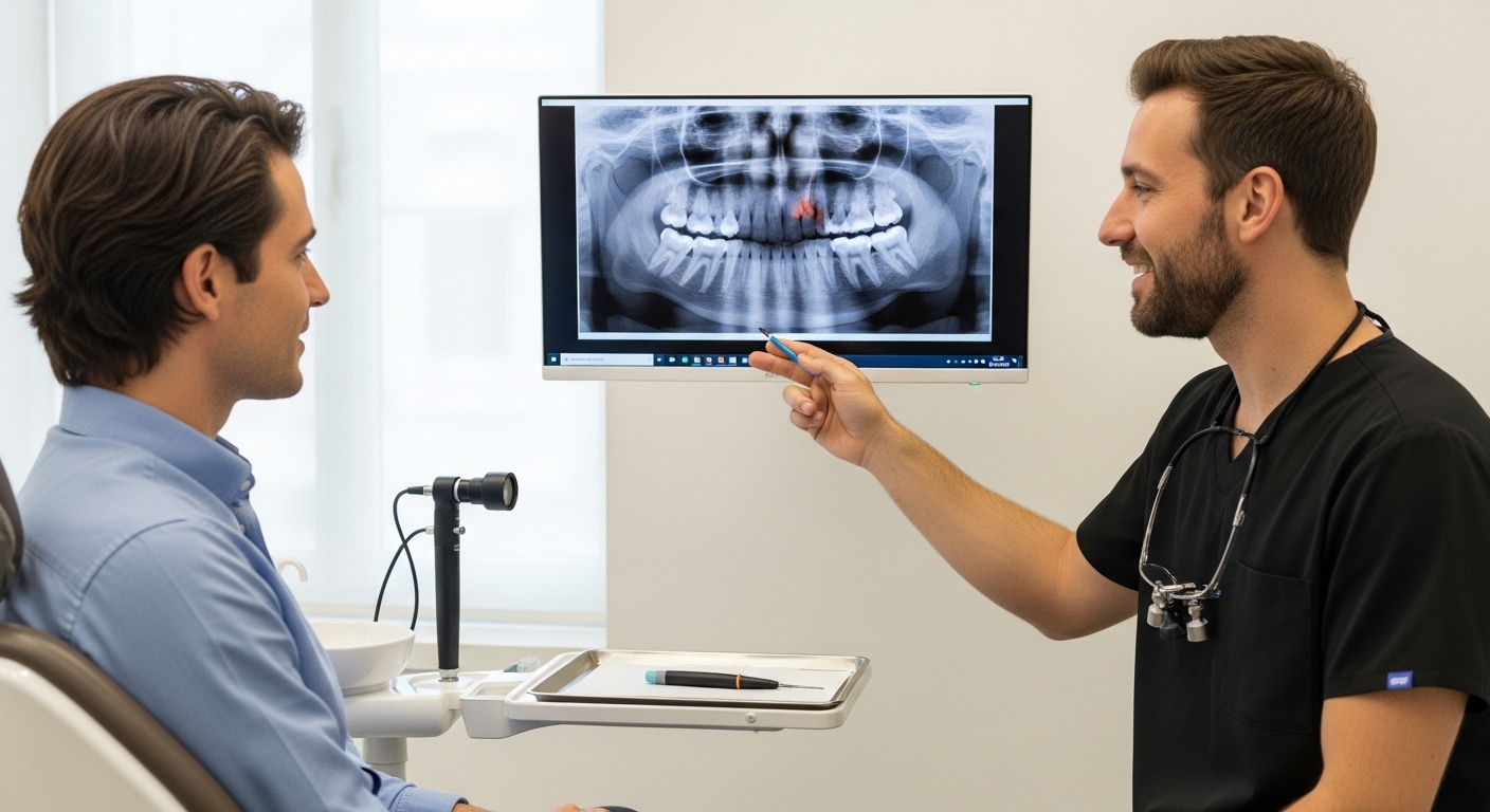 Patient consulting with a dentist about root canal treatment in modern dental office.