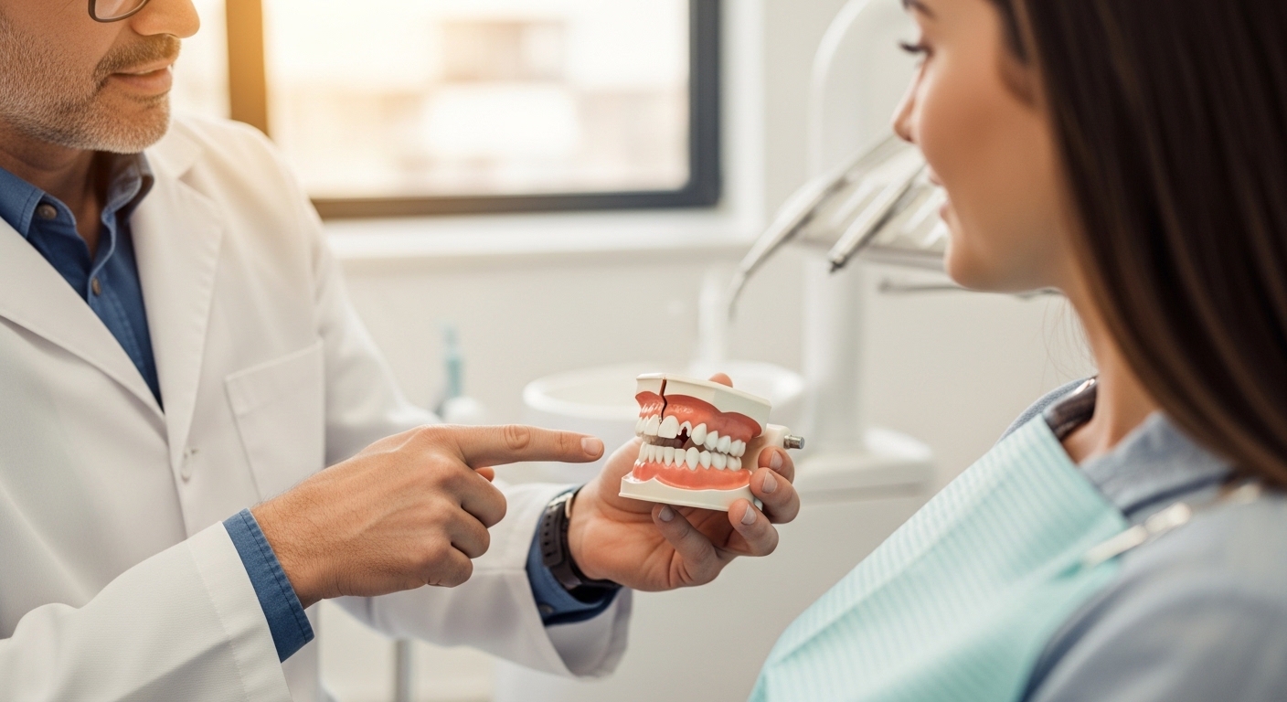 Dentist consulting a patient about chipped tooth solutions in an office