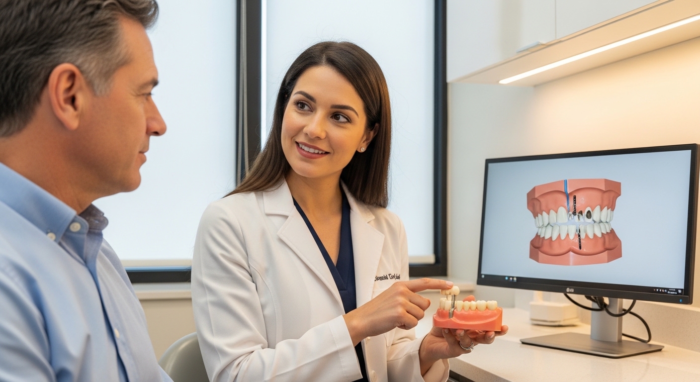 Dentist explaining dental bridge to a patient in a modern office