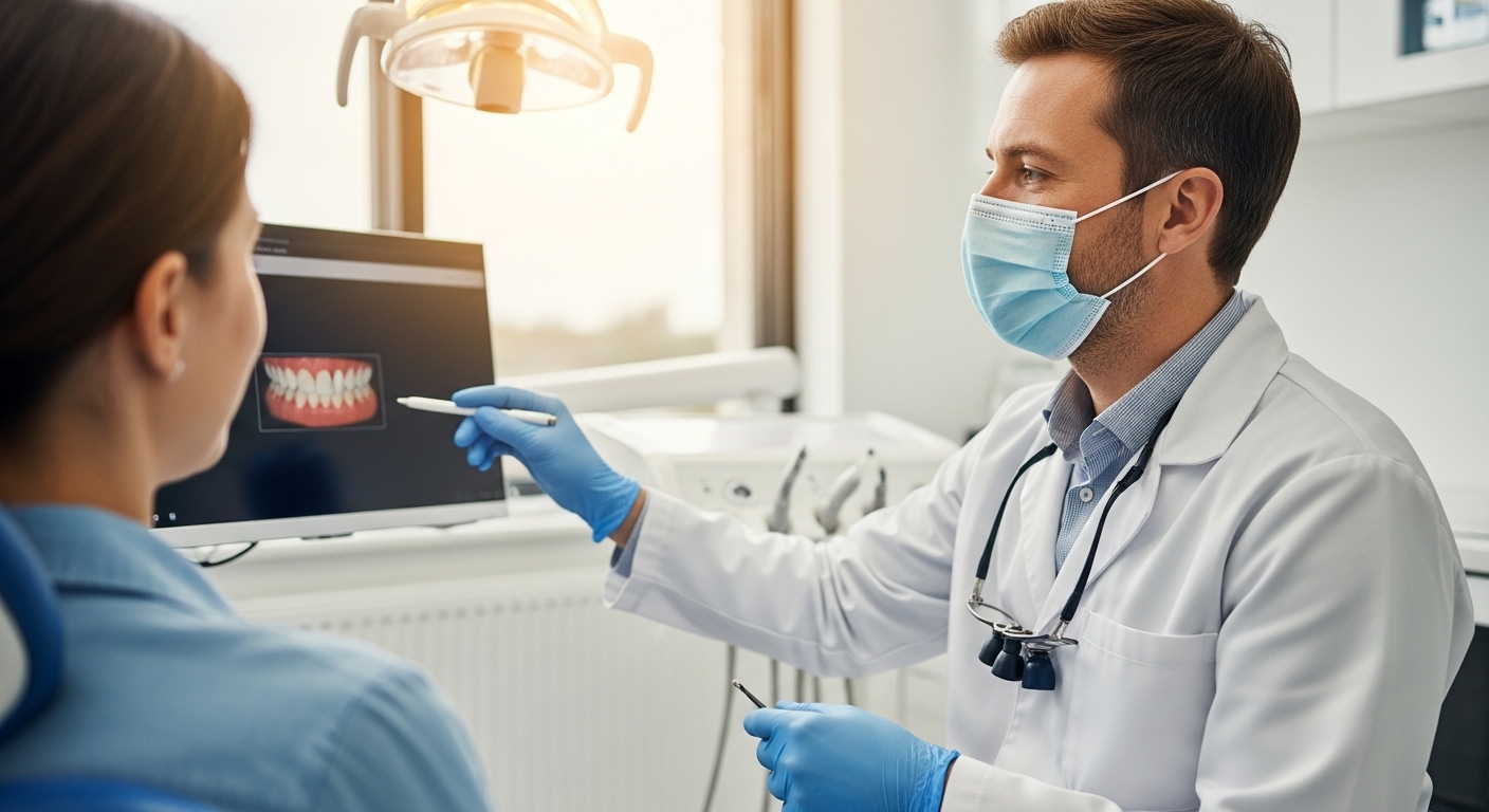 Dentist consulting with a patient about dental restoration options.