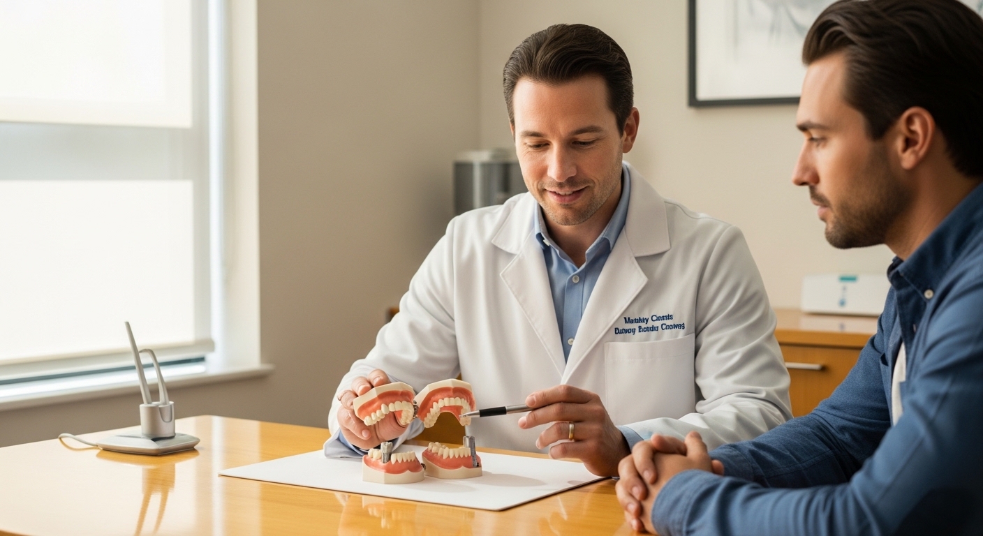 Dentist consulting with patient about artificial teeth options