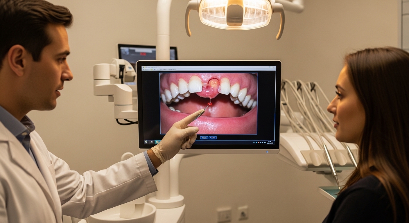Dentist consulting with patient about teeth and gum pain in a modern, well-lit dental office