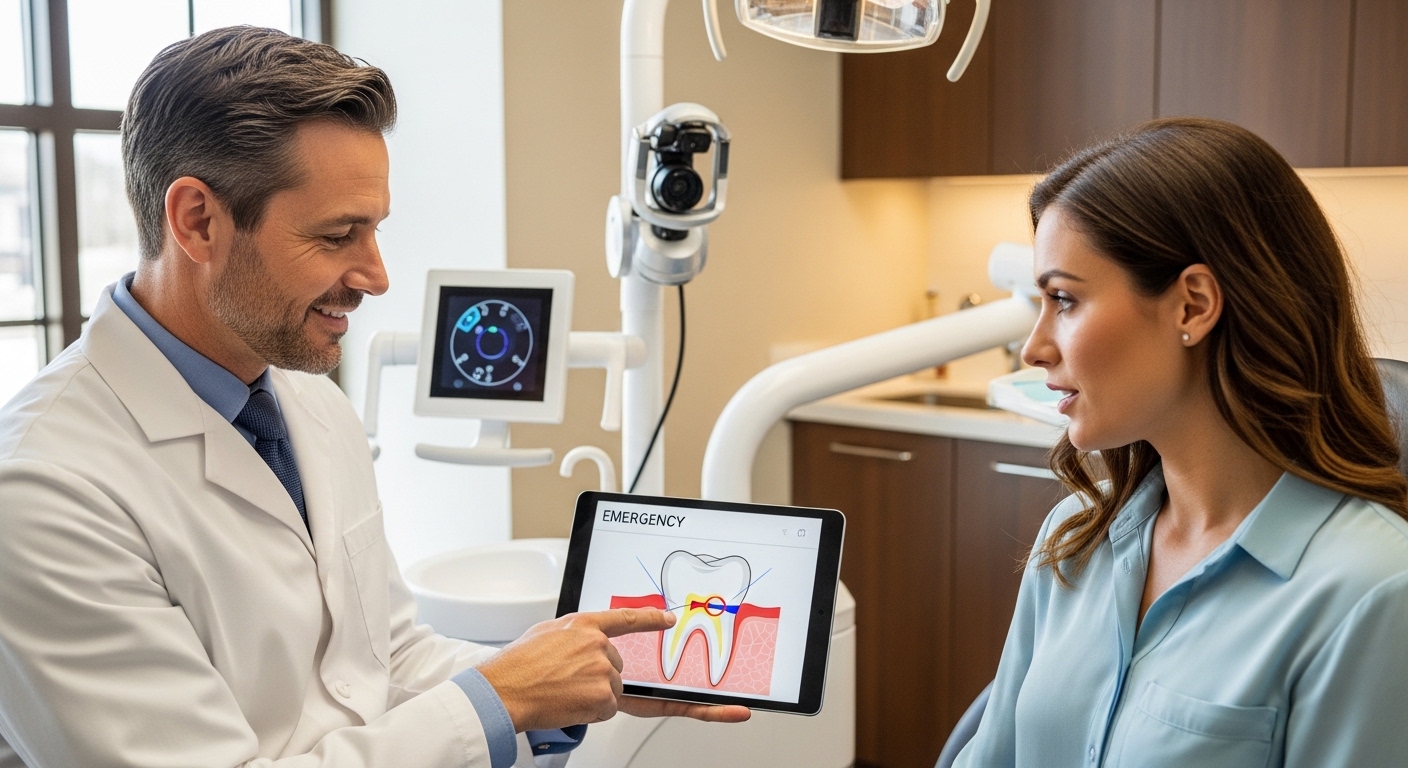 Dentist consulting with a patient about a dental emergency in a modern office