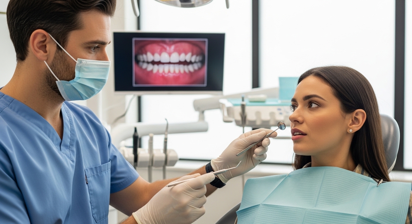 Dentist with patient discussing gum health and gingivitis in a modern clinic.