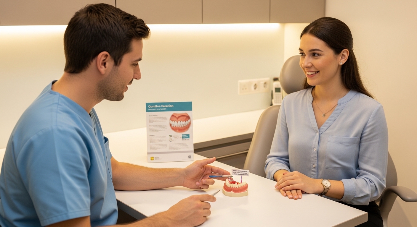 Dentist explaining treatment options for receding gums to a patient in a modern dental office