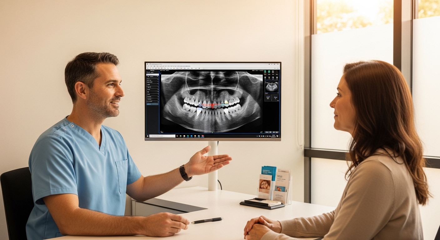 A periodontist consulting with a patient about gum health in a modern dental office