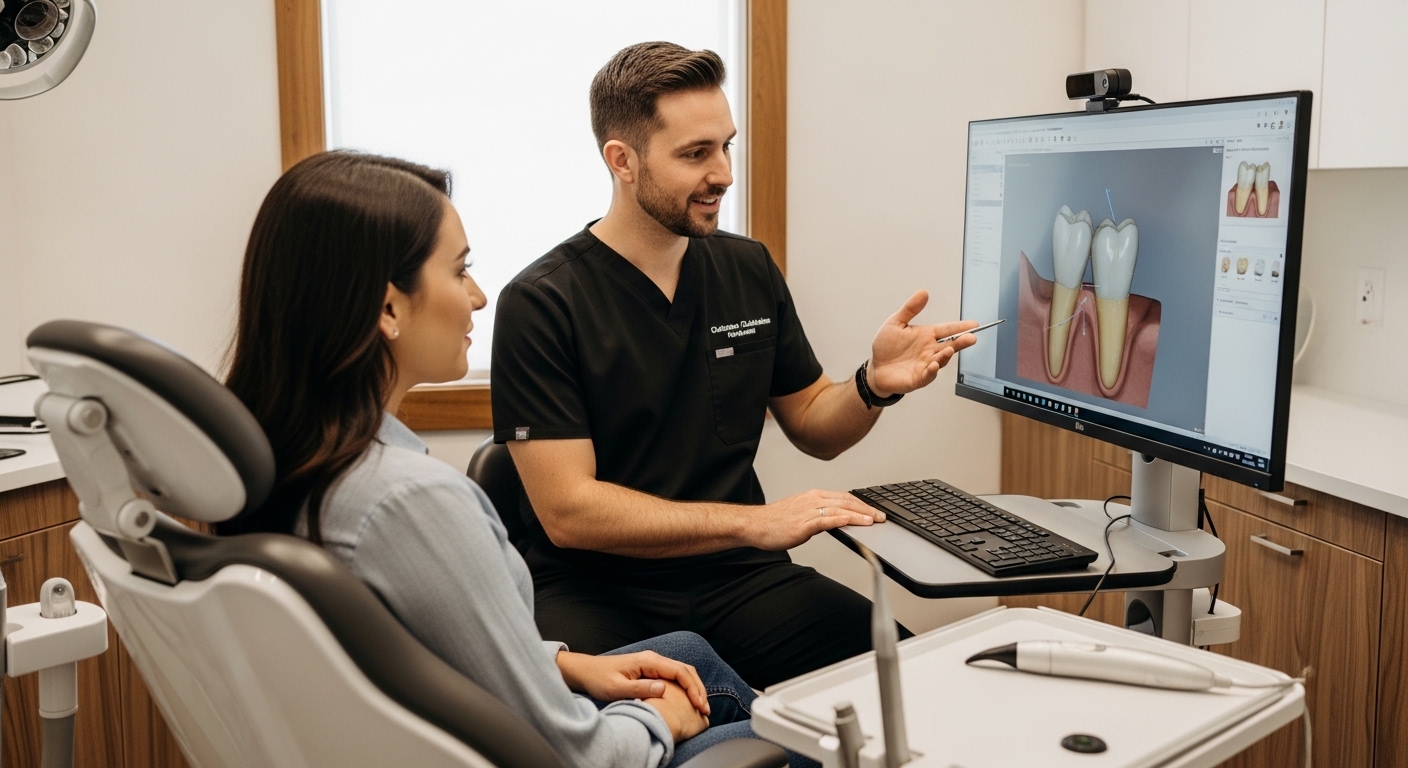 Dentist consulting a patient about same-day dental crowns in a modern clinic.