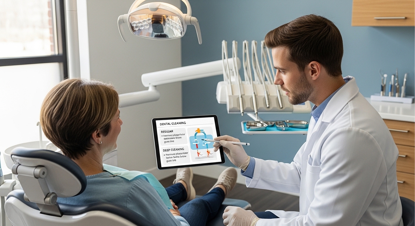 Dentist consults a patient on dental cleaning vs deep cleaning options.